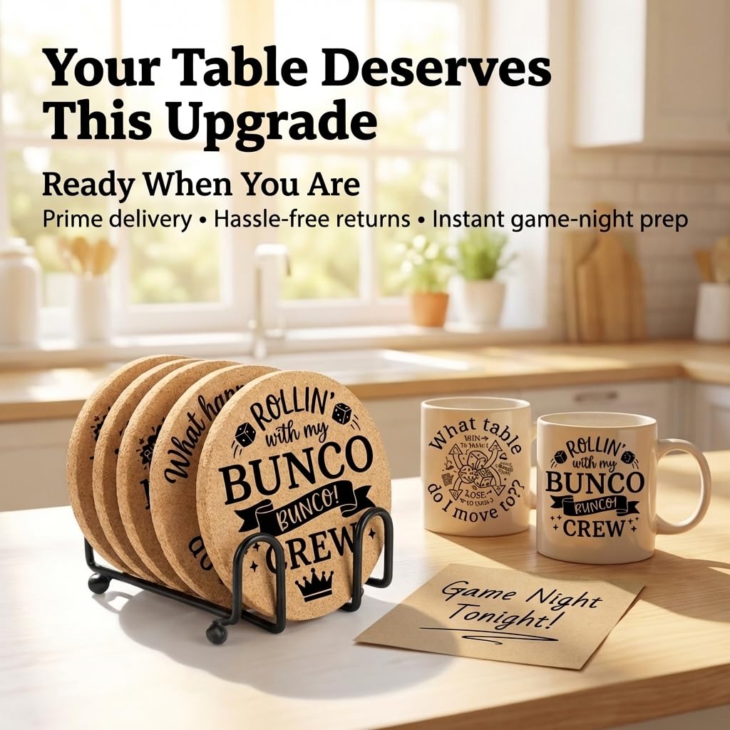 Bunco Coasters Set of 6 with Holder, Funny Bunco Game Cork Drink Coasters for Bunco Night Party, Bunco Gifts Table Decor for Game Players