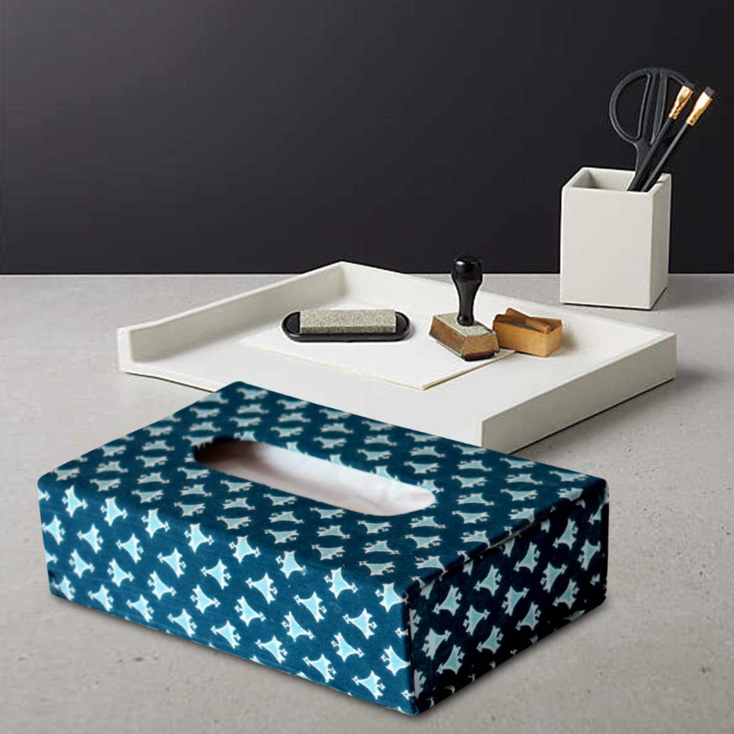 Stylish Buti Print Tissue Box - Blue -5
