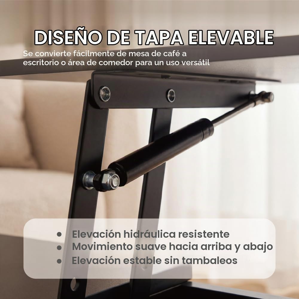 DAWYNIELD Mesa de Centro Elevable, Diseño Acanalado – con Compartimento Oculto y Cajón, Mesa de Madera con Estante Abierto, Mesa de Comedor Ahorradora de Espacio para Salón, Color Roble