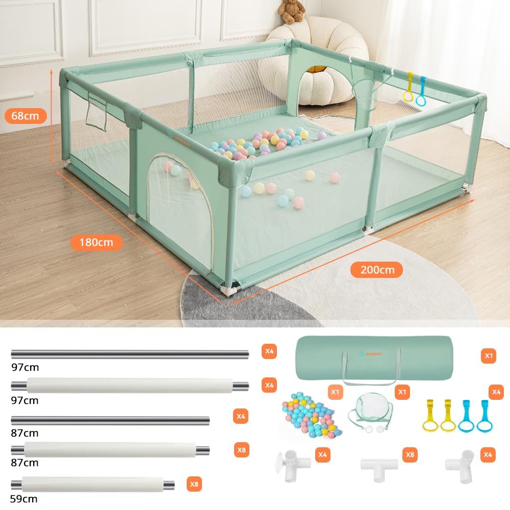 COMOMY Parc Bebe, 200x180x66cm Parcs pour Bébés et Jeunes Enfants XXL, 50 Boules de Fosse, Mini Vannerie et 4 Anneaux de Traction, Filet Doux et Respirant, Centre d'Activités (Vert)