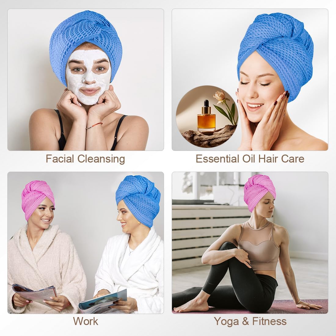 HOMEXCEL 2 Pack Large Microfiber Hair Towels Waffle Weave- 40 x 26.5 inches Fast Drying Turbans for Long, Thick, Curly Hair - Anti Frizz Wrap with Elastic Strap, Blue/Pink - Image 7