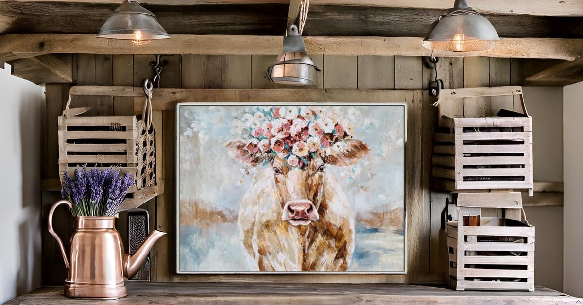 NdcSkyArt Farmhouse Cow Canvas Wall Art Hand Painted Textured Rustic Animal Painting Décor
