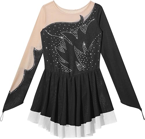 Miniatura 3 de JEATHA Vestido de patinaje sobre hielo con diamantes de imitación, malla de empalme, tutú, falda de leotardo, vestido de baile