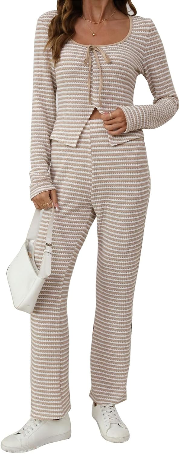 Striped 2 Piece Set for Women Tie Crewneck Long Sleeve Tops and Pants Lounge Sweatsuits Matching Pajamas Sets
