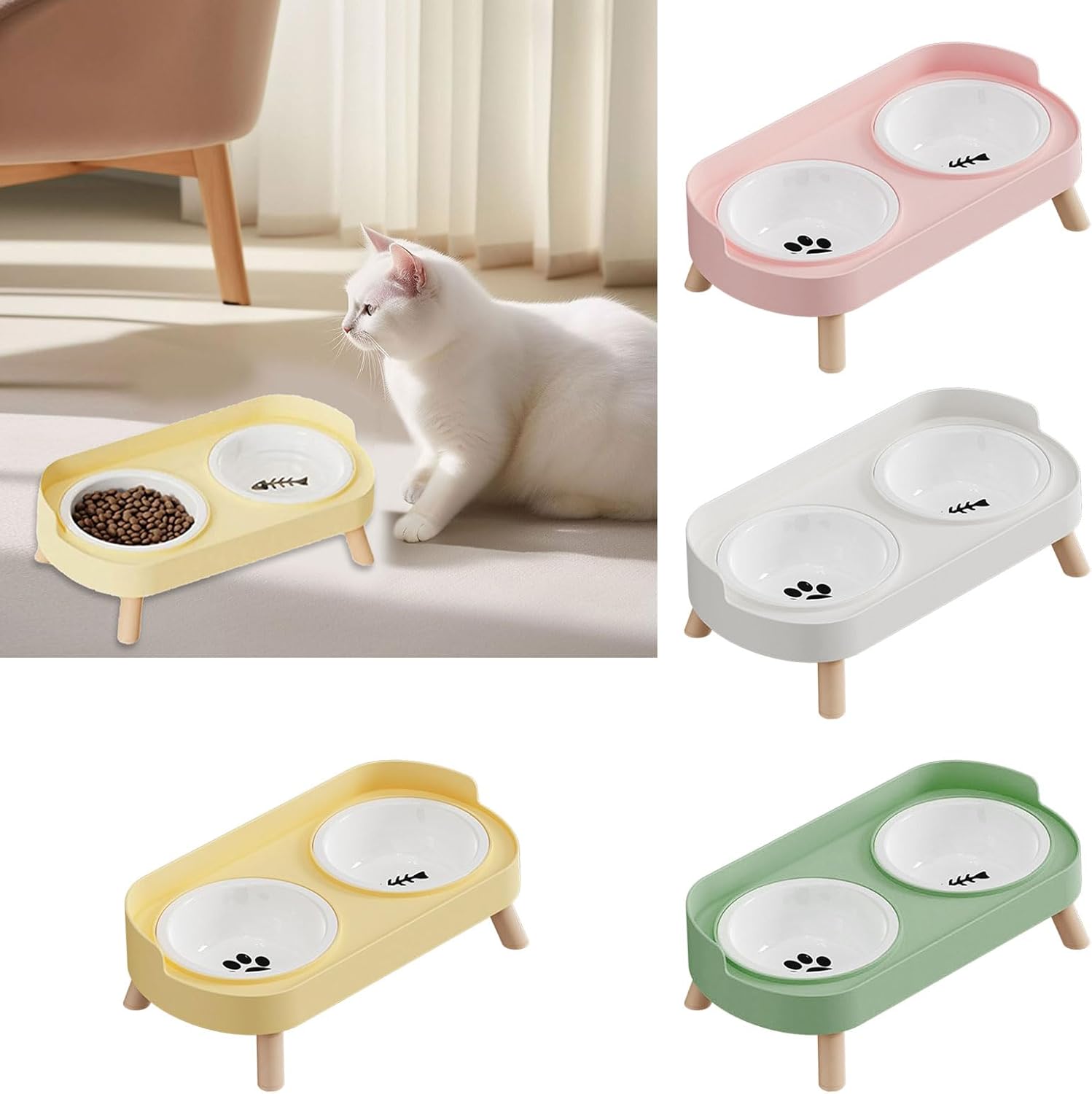 Elevated Double Bowl Pet Feeders Dish with Easy to Dishwasher Safe Pet Food Water Bowls for Small Dog Cats Ceramic Double Bowl Feeder