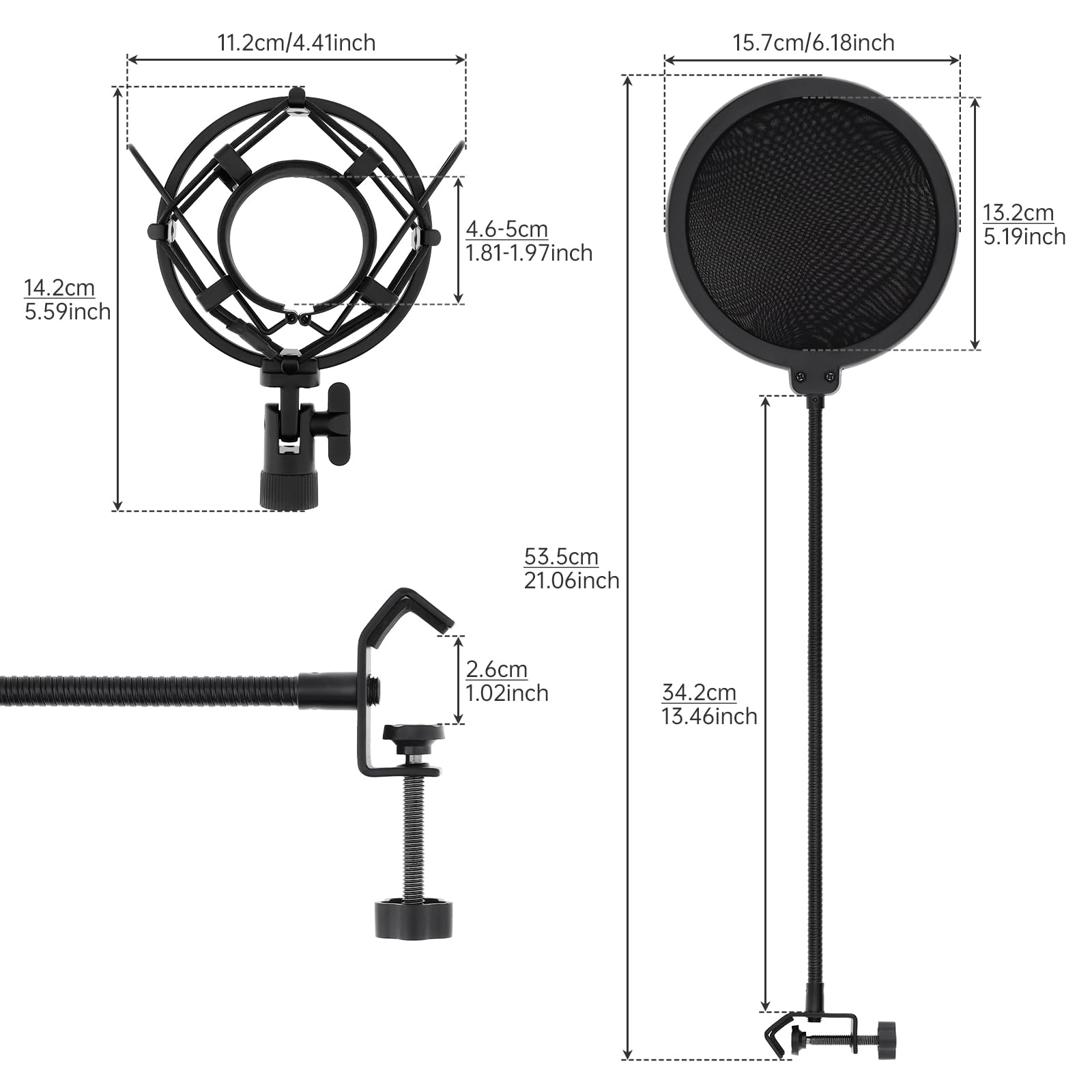 Soporte antivibración para micrófonos de condensador de 46 mm a 50 mm con filtro pop para grabación de música de estudio, pantalla Wind Pop flexible de 360 grados con cuello de cisne