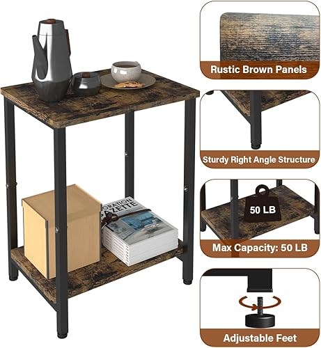 Miniatura 4 de Tigerden Mesa auxiliar de 2 niveles, mesa auxiliar resistente con estantes, mesa de noche estrecha para espacios pequeños, mesita de noche para