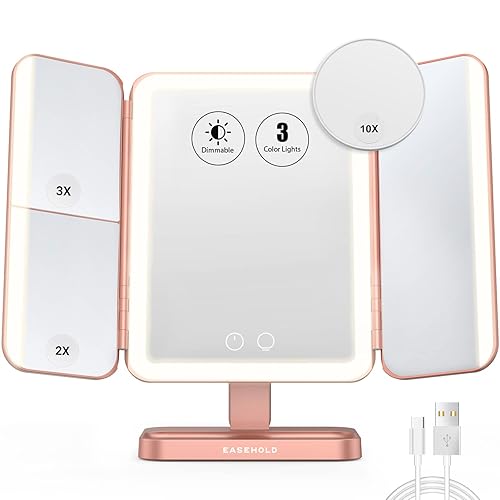EASEHOLD Espejo de tocador recargable con luces, espejo de maquillaje de 116 LED, espejo de maquillaje iluminado de 3 colores, aumento 2X3X10X, 5000