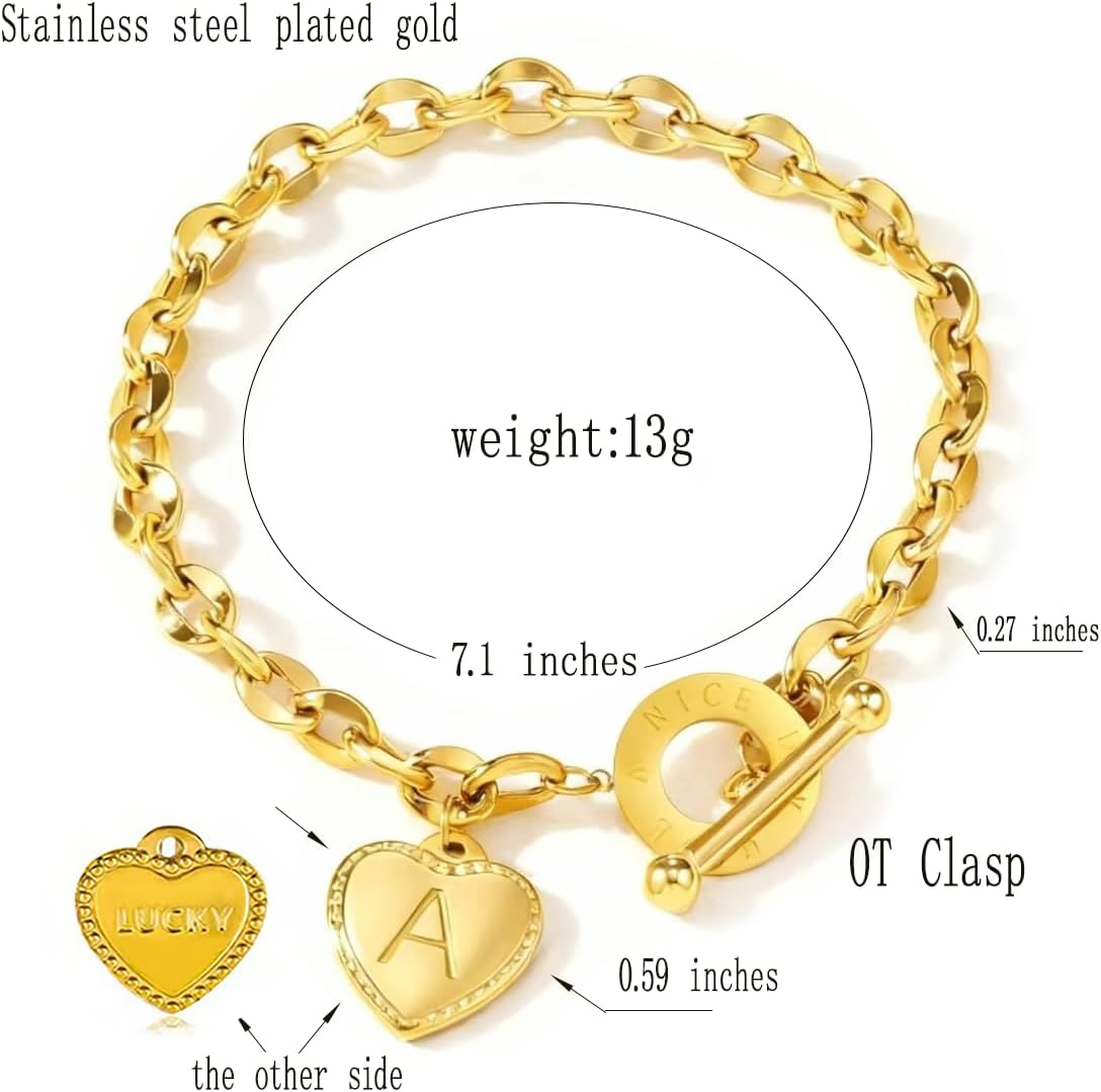 Women's Initial Heart Charm Bracelet 18k Gold Plated Letter Love Heart Pendant with Elegant OT Clasp Stainless Steel Jewelry Christmas Birthday Gift for Her Girlfriend Wife Valentines Day Present - Image 2