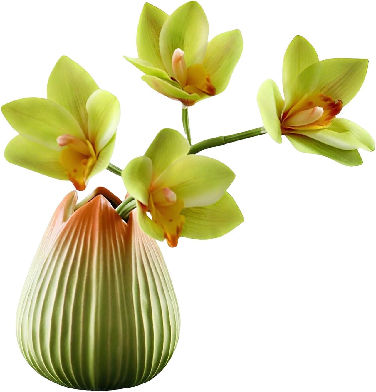 Green Orchid Artificial Flowers with Ceramic Vase, Artificial Phalaenopsis Flowers for Home Décor, Fake Flowers in Vase for Centerpieces, 1 Piece