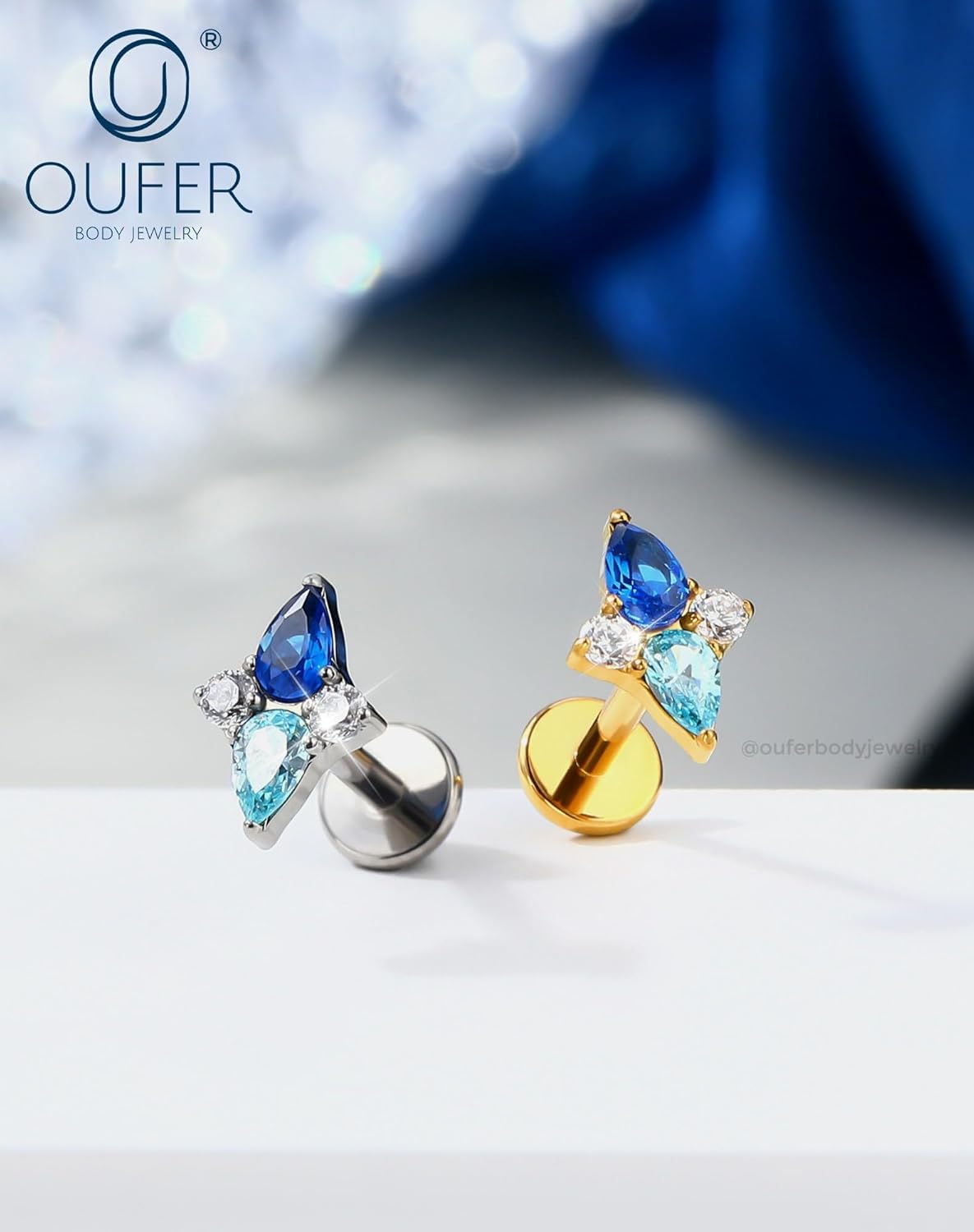 OUFER Helix Piercing Jewelry 18G Blue gradient CZ Flat Back Threadless Labret Lip Piercing, G23 Solid Titanium Forward Helix Earrings, Push Pin Cartilage Tragus Earrings For Women Men - Image 7