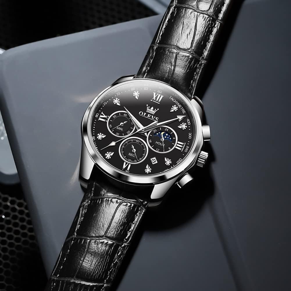 OLEVS Mens Watches Leather Chronograph Luxury Fashion Dress Analog Quartz Wrist Watch Luminous Waterproof Moon Phase Date - Image 6