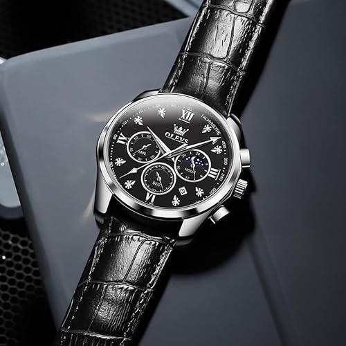 Miniatura 6 de OLEVS Reloj de pulsera de cuarzo analógico para hombre, cronógrafo, de cuero, de lujo, de moda, luminoso, impermeable, fase lunar, fecha