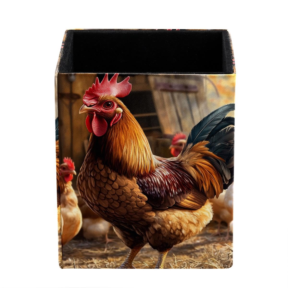 Framhouse Chicken Rooster Pen Holder Pen Pot, Square Pencil Cup for Desk
