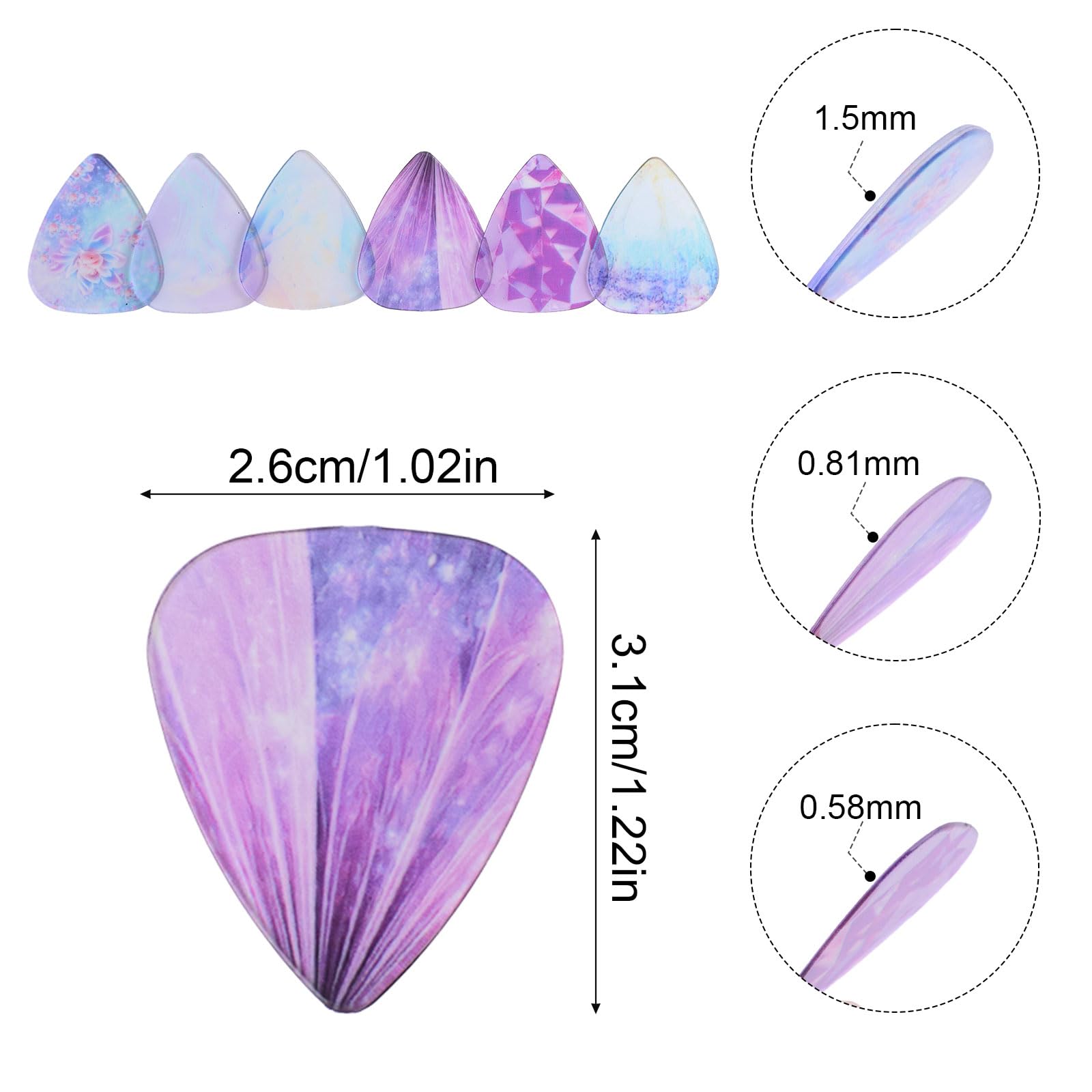 HOMMDECO Fancy Clear Guitar Pick 6PCS Clear Square Box Three Thicknesses Suitable for Bass Electric Guitar Ukulele Classical Music Playing Instrument Accessories (Purple Theme) - Image 2