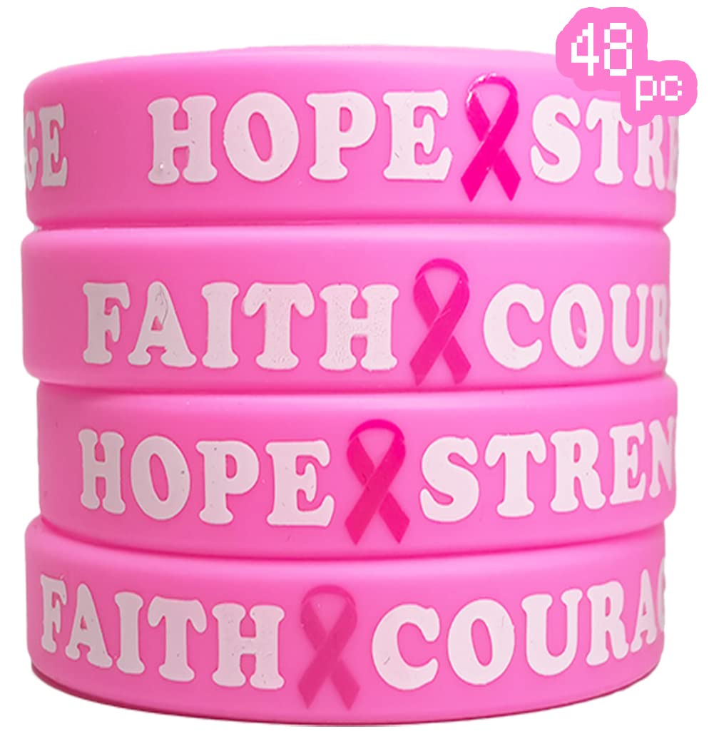 AOGU 48 Pcs Breast Cancer Awareness Pink Ribbon Bracelets Rubber Wristbands for Unisex Support and Care for Women
