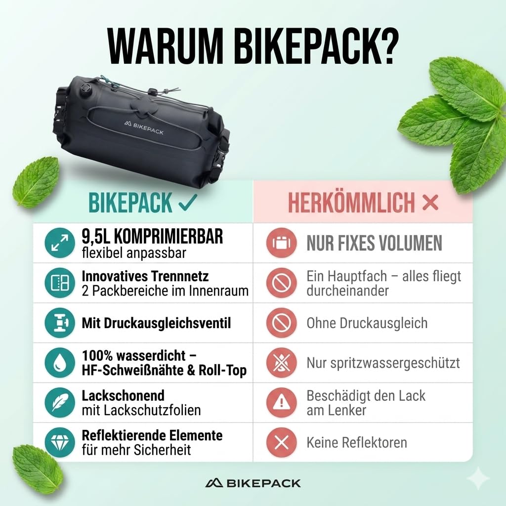 BIKEPACK Sacoche de Guidon Vélo 9,5L Étanche - Bikepacking Gravel VTT | Rouleau imperméable avec séparation intérieure et poche téléphone, montage sans outil, accessoire route et cyclotourisme
