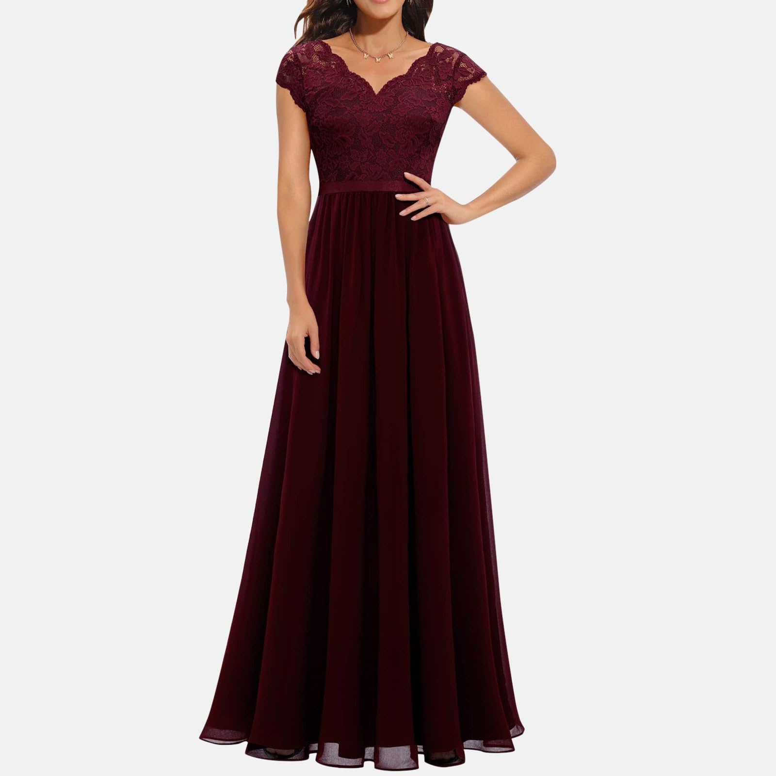 Abendkleid Lang Damen Elegant für Hochzeit v Ausschnitt Kurzarm A Linie Chiffon Festlich Maxi Kleid Ballkleider Mit Spitzen Ärmeln Brautjungfernkleider Cocktailkleid Spitzenkleid