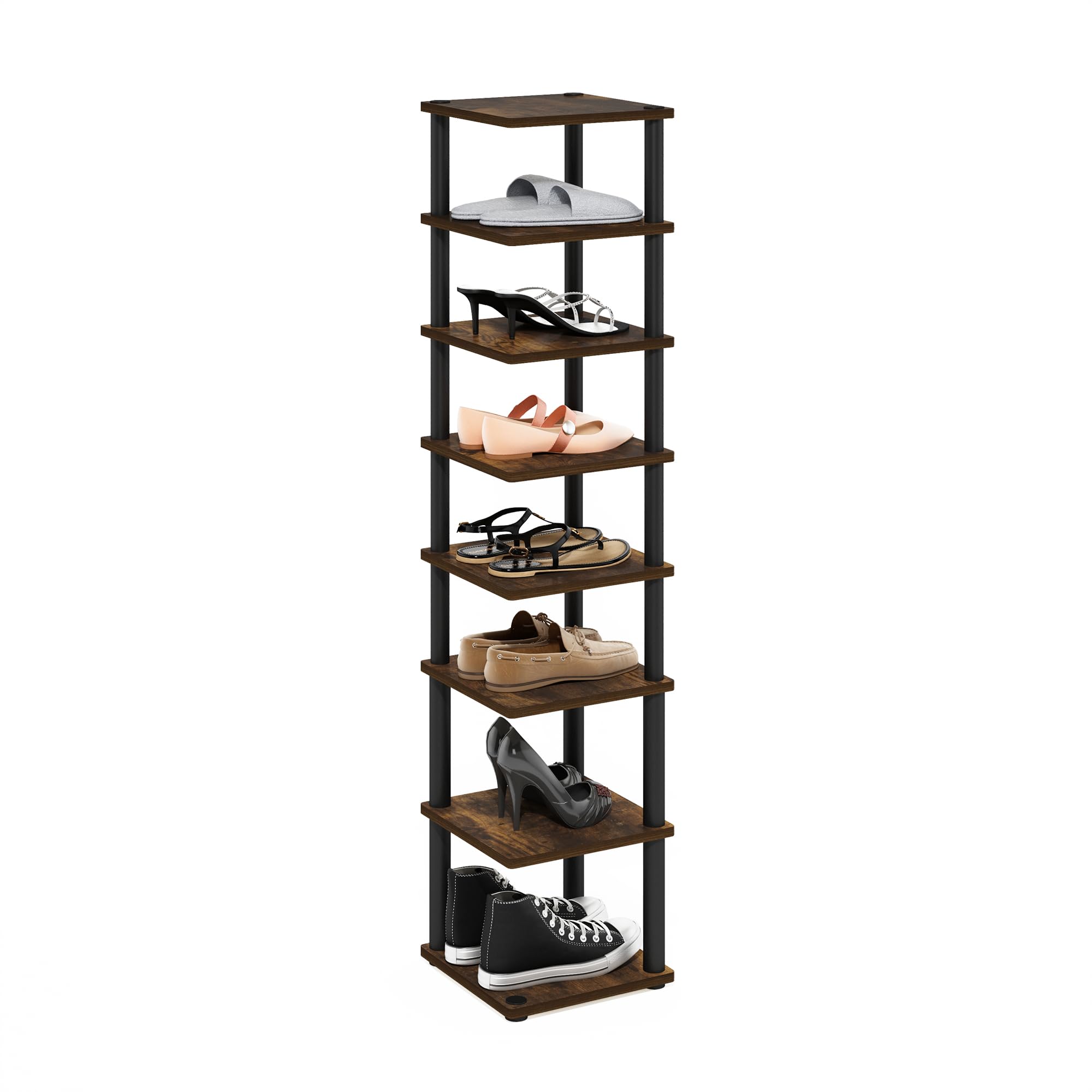Furinno Turn-N-Tube 8-stufig Vertikaler, platzsparender, freistehender Schuhturm, Schuhregal für den Eingangsbereich, Bernsteinkiefer/Schwarz