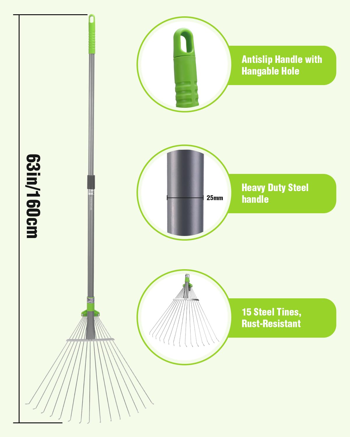 WORKPRO Râteau à feuilles pour le jardinage, râteau de jardin réglable en métal pour – Pliable et télescopique, long manche de 81,3 à 160 cm, râteau en métal robuste pour jardin, cour et pelouse