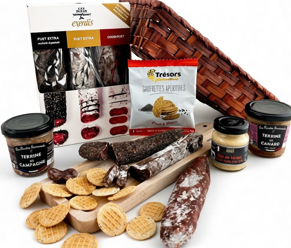 Panier Gourmand Apéro – Coffret Charcuterie avec Fuet, Chorizo, Terrine de Campagne et Terrine de Canard – Assortiment Apéritif avec Gaufrettes – Idée...
