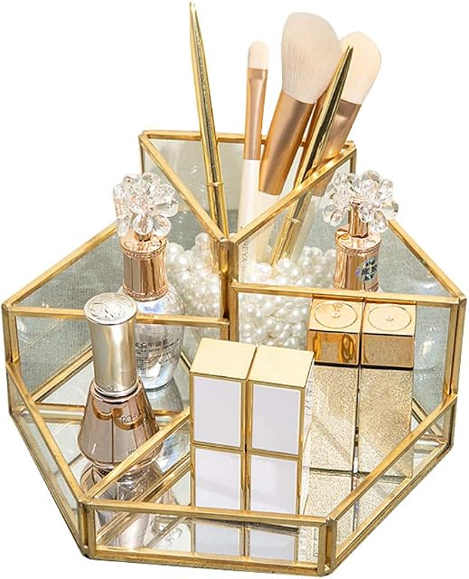 SLHEQING Make Up Organiser Beauty Organiser Tray Jewellery Brush Holder Gold, Glass Cosmetic Box, Clear Decorative Tray (Gold A)