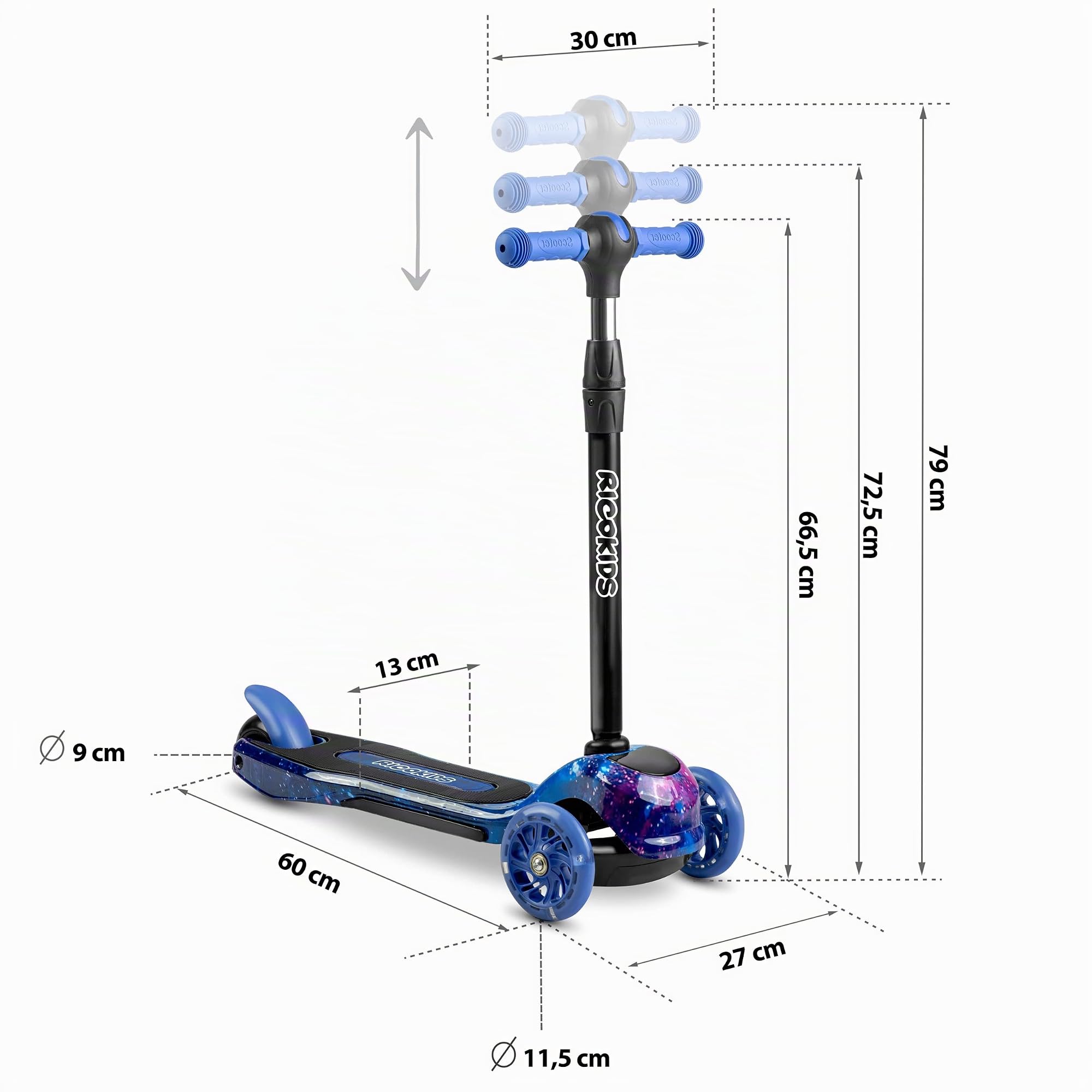 Monopattino per bambini a tre ruote con illuminazione a LED, bilanciato, pieghevole, blu, nero, Piko