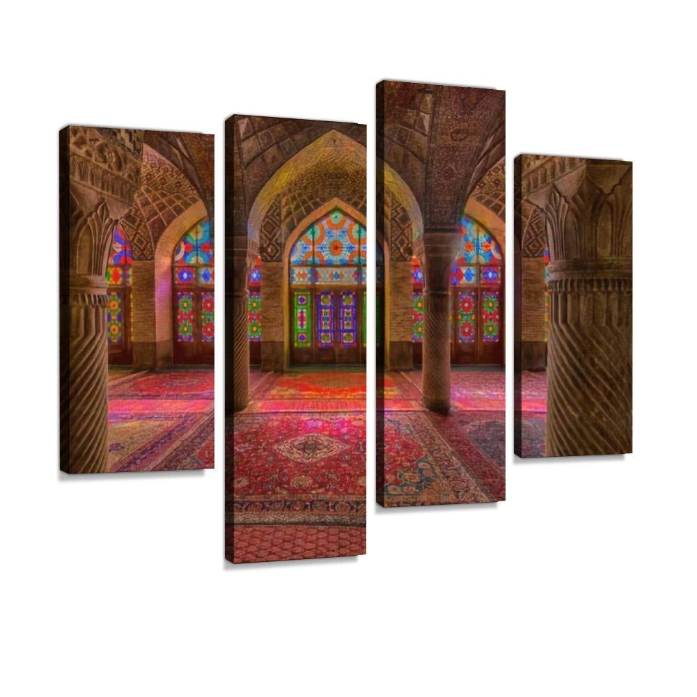 Inside the Nasir ol Molk Mosque in Shiraz, Iran Canvas Print Artwork Wall Art Pictures Framed Digital Print Abstract Painting Room Home Office Decor Ready to Hang 4 Panel
