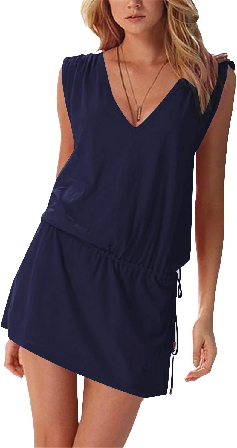 Aitos Summer Dress for Women Casual Beach Cover Up Beachwear Deep V-Neck Open-Back Short Mini Swim Dress Skirt Navy Blue S
