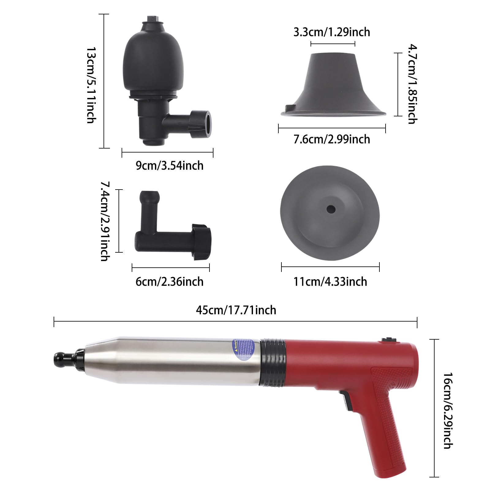 Limpiador eléctrico de tuberías de 1500 mAh, batería de aire comprimido, limpiador de tuberías con manómetro, limpiador de desagües, eléctrico, 1 a 6 bar, pistola de inodoro, acero inoxidable, ABS