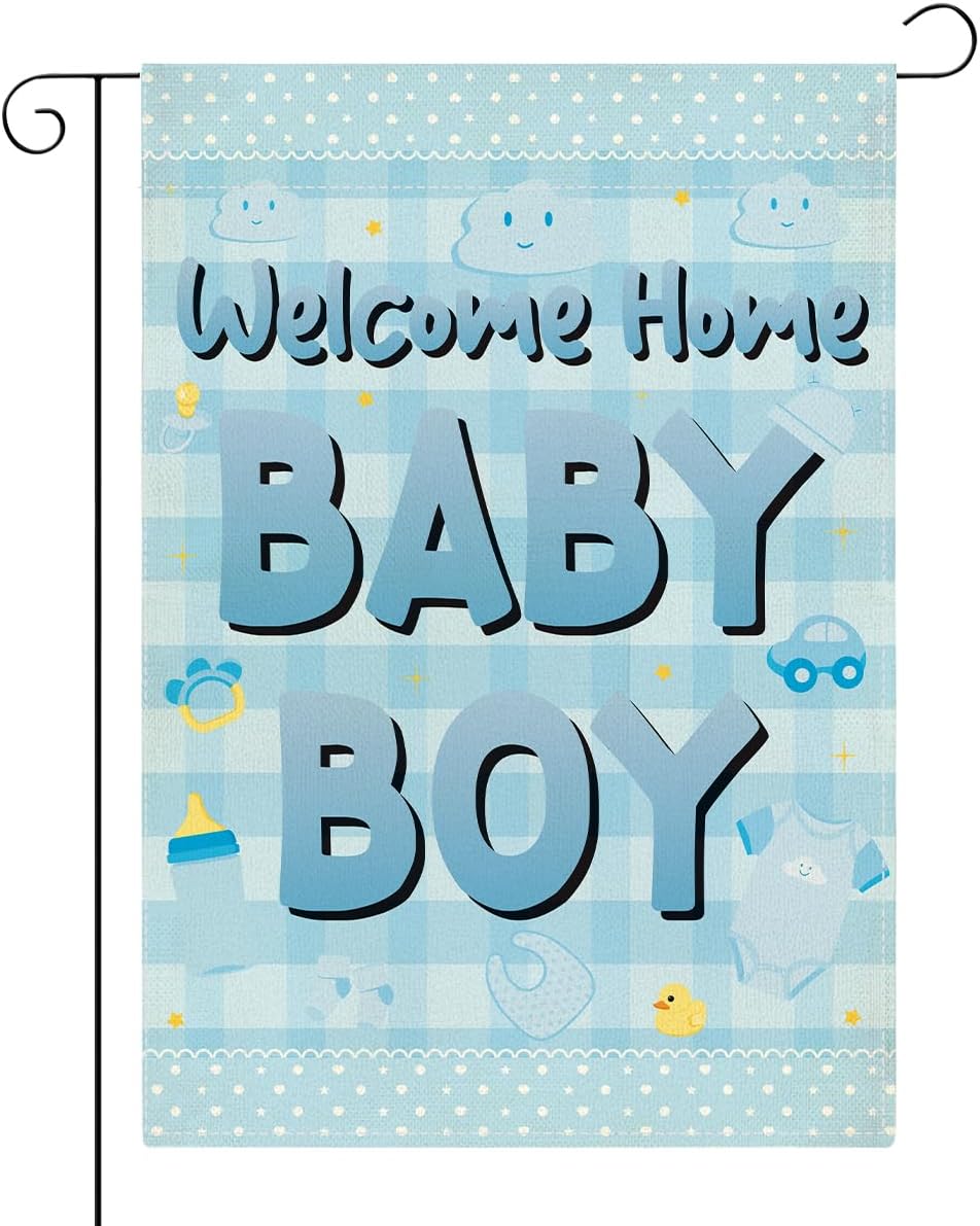Welcome Home Baby Boy Garden Flags for Outside Blue Baby Shower Birth Announcement Gender Reveal Newborn Baby Double Sided Garden Flag 12 x 18 inches