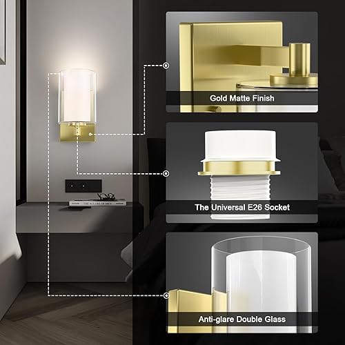 Miniatura 2 de Kalium Juego de dos apliques de pared dorados de doble pantalla de vidrio transparente, luces modernas de tocador para interiores, casa de campo,