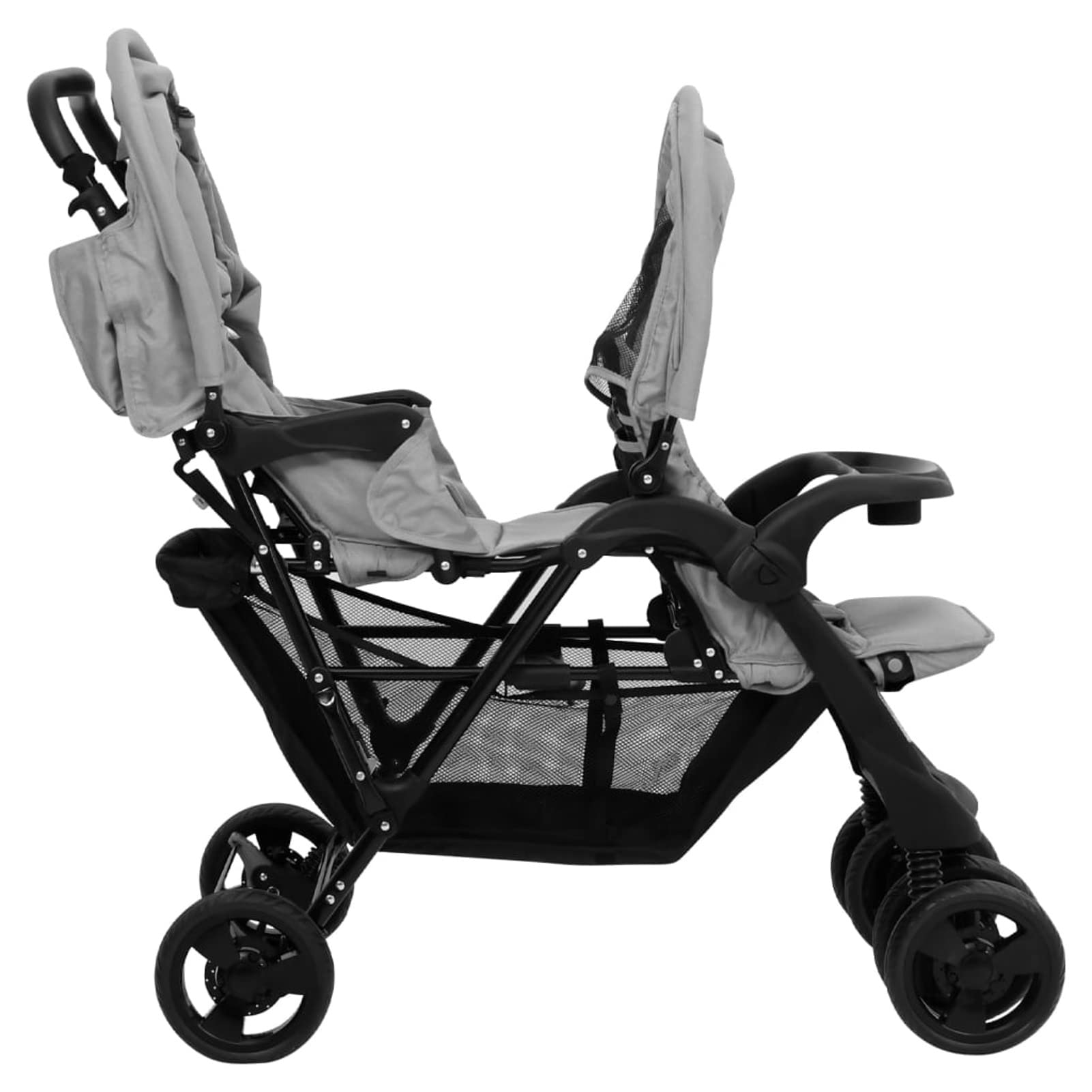 Carrito para Gemelos Tándem Cochecito de Bebé Silla de Paseo para Niños Diseño Plegable Cochecito de Gemelos Acero Gris Claro y Negro