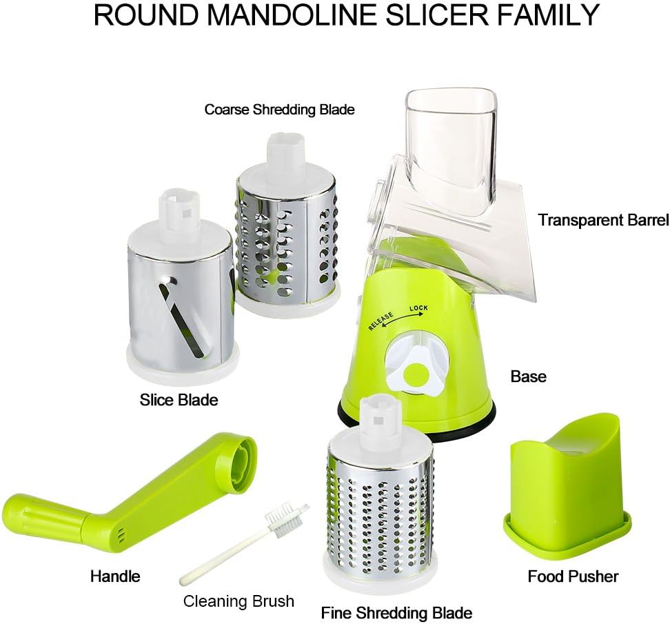 Cambom Rotary Cheese Grater Round Mandoline Slicer with 3 Interchangeable Blades, Manual Vegetable Food Shredder with Strong Suction Base by Cambom
