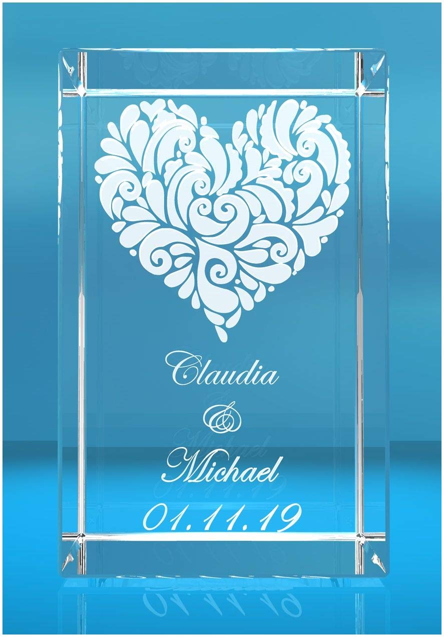 VIP-LASER 3D Glas Kristall Quader XL Verziertes Herz und Deinen Namen + Datum im Hochformat Gravur. Persönliche Partnergeschenk