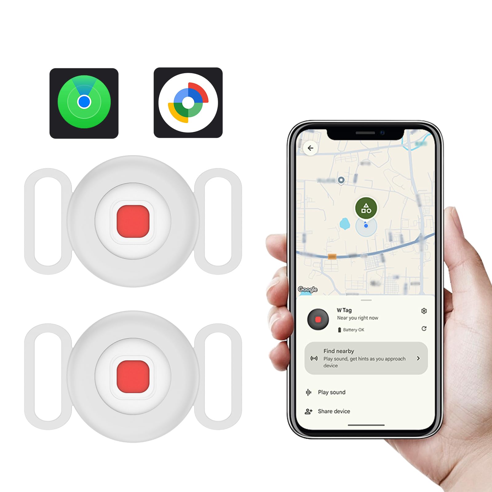 Targhetta localizzatore per cani e gatti con supporto per collare in silicone, funziona con Apple Find My e Android Find Hub, localizzatore Bluetooth impermeabile IP65 (bianco, 2 pezzi)
