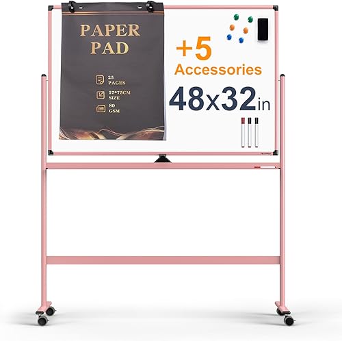 Miniatura 11 de TSJ OFFICE Pizarra blanca rodante grande – Borrado en seco magnético 48 x 32 pulgadas, pizarra blanca de ajuste de altura de doble cara, caballete