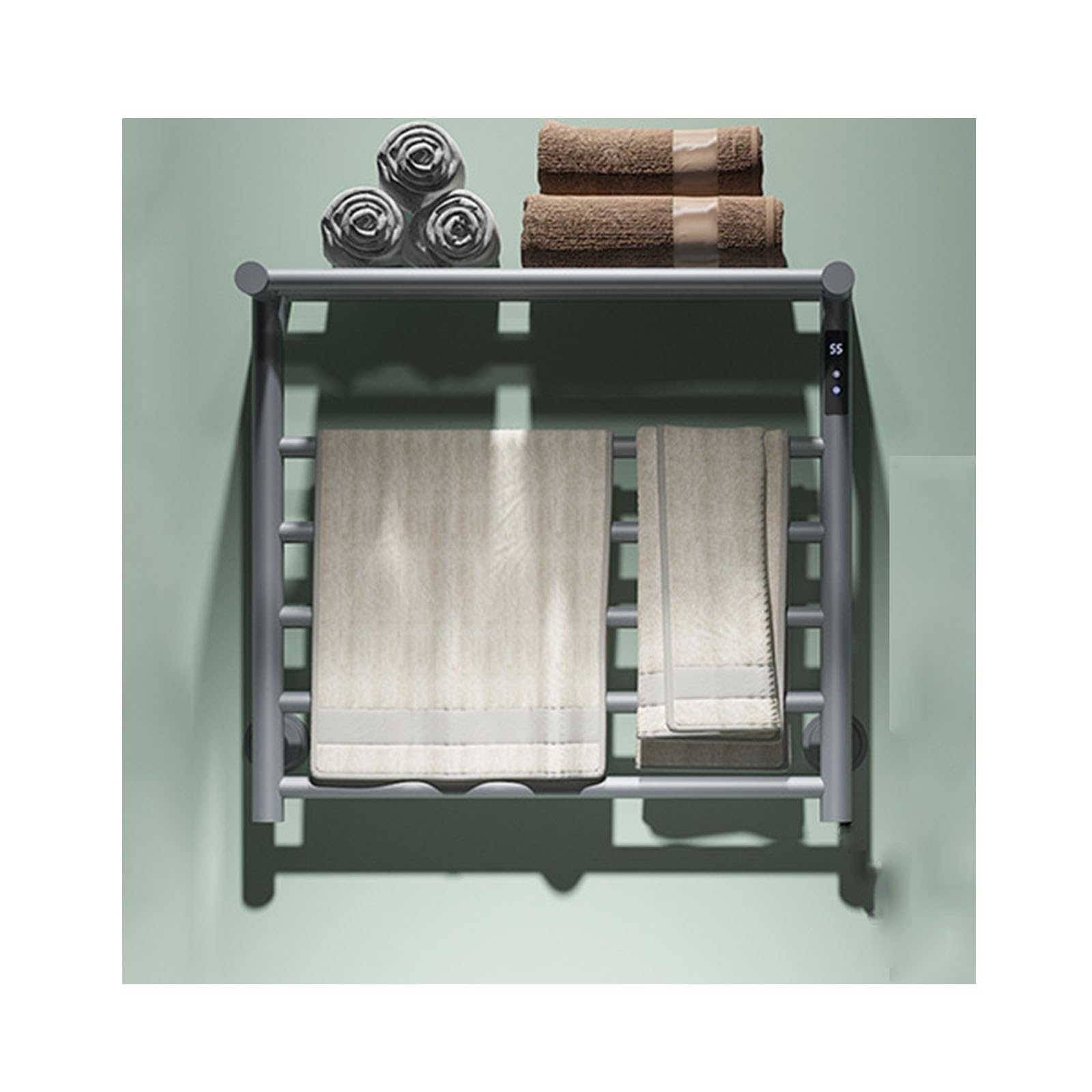 asdchZen Stainless Steel Heated Towel Racks For Bathroom,Wall Mounted With Timer,Plug-In Heated Drying Rack With Top Shelf-Grey-Left Wire,Grey-Left wire