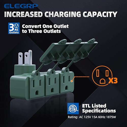 Miniatura 10 de ELEGRP Extensor de potencia resistente de 3 clavijas a triple salida en dirección T, extensor de toma de corriente de pared multidireccional con