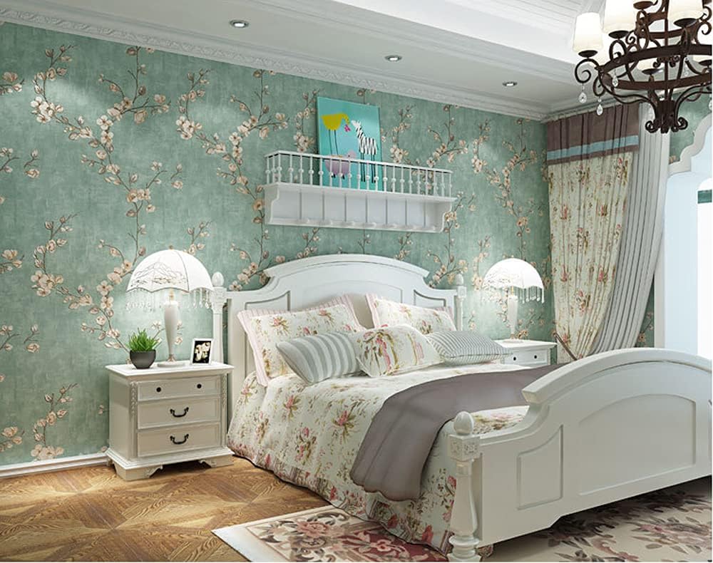 Q QIHANG 1.73' W x 32.8'L Small Floral Retro Nostalgic Rural Style Bedroom TV Background Wall Cafe Hotel Restaurant Non-Woven Non-Pasted Wallpaper (Green)