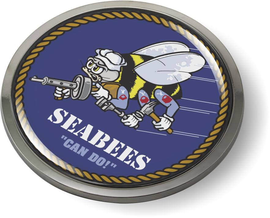 Image of BestLicensePlateFrames - U.S. Navy Seabees Naval Construction Battalions 3D Domed CAR Emblem Badge Sticker Chrome Plastic Bezel - Official U.S. Navy Licensed Product