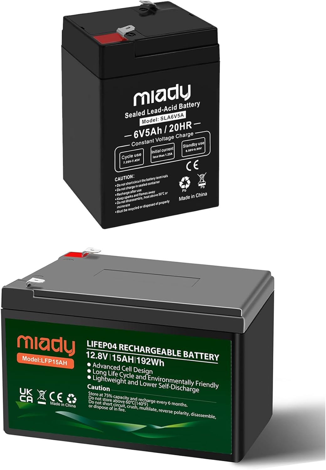 Miady 6V 5Ah Rechargeable Sealed Lead Acid Battery (1 Pack) and 12V 15Ah Lithium LiFePO4 Deep Cycle Battery