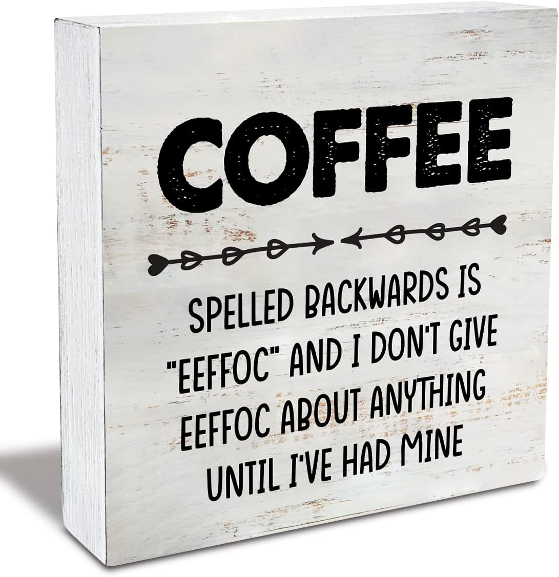 Rustic Coffee Spelled Backwards is Eeffoc Wood Box Sign Funny Coffee Wooden Box Sign Farmhouse Home Kitchen Desk Shelf Decor (5 X 5 Inch)