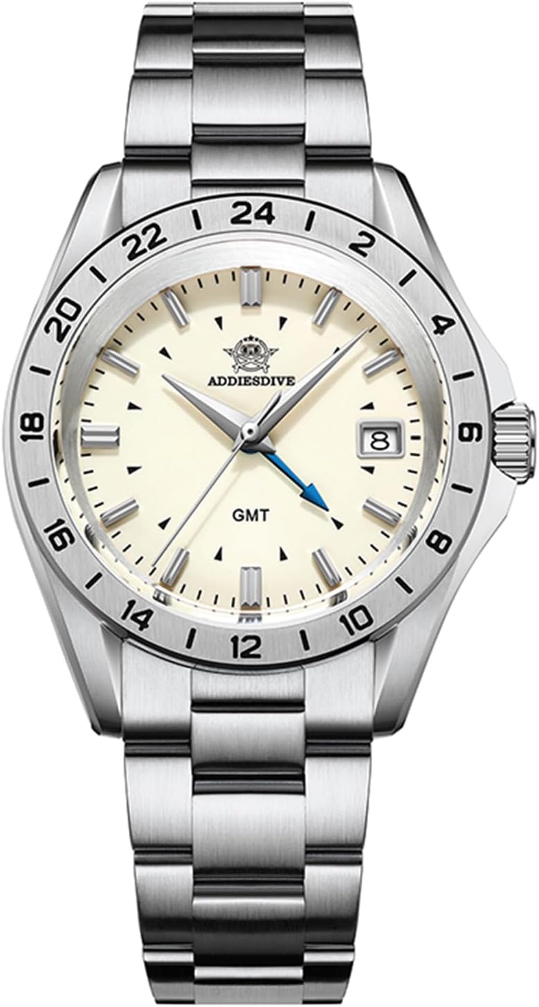 Addiesdive AD2063 38mm Mens Watch GMT 515-24H Quartz Watch 200M Water Resistant, Beige Dial, casual watch