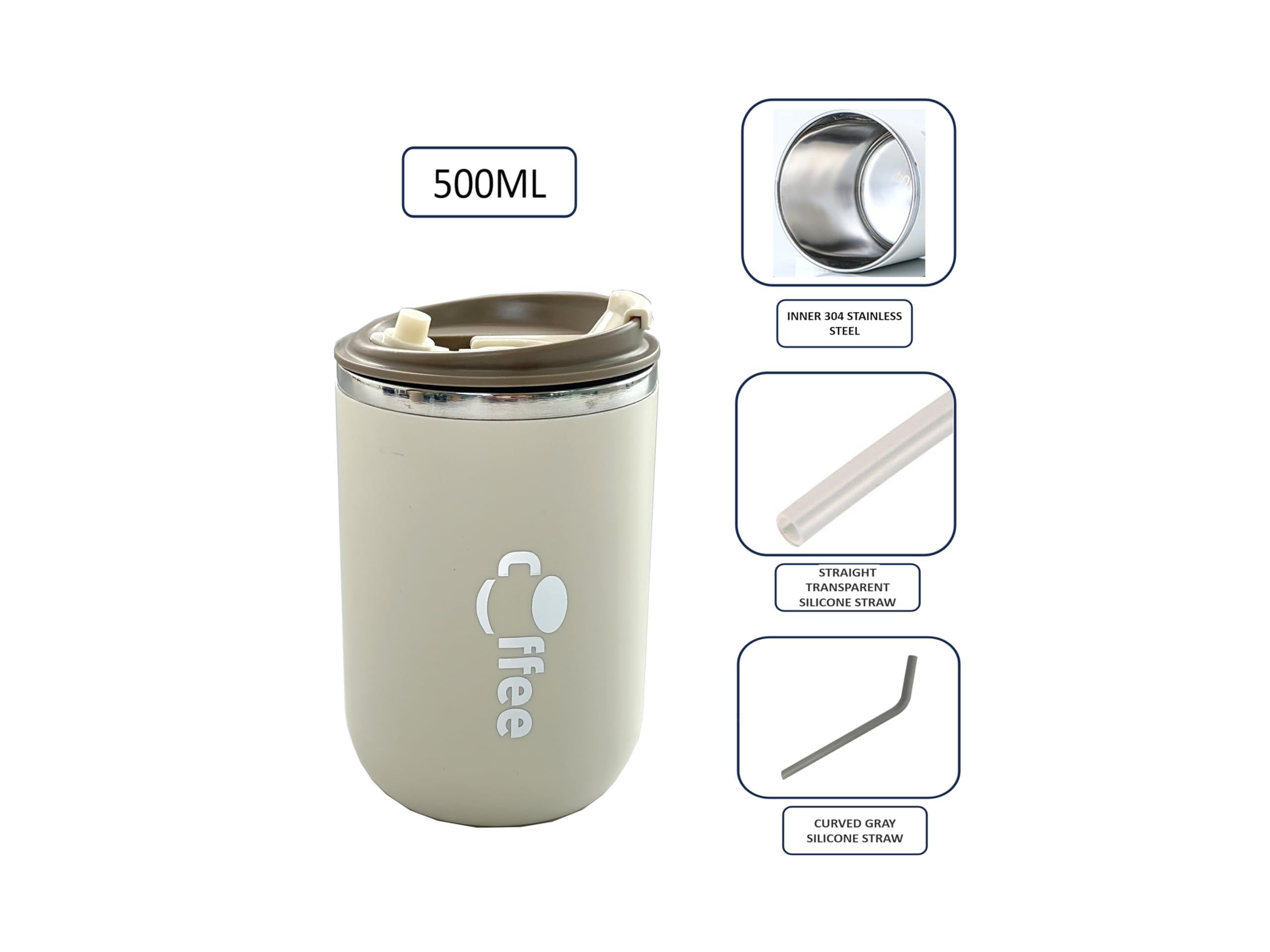 LINDACA 480ML Double Wall Stainless Steel Office Coffee Cup with Leakproof Lid/Resuable Travel Coffee Tea Mug for Hot and Cold Drinking with Two Straws (Cream White) - Image 2