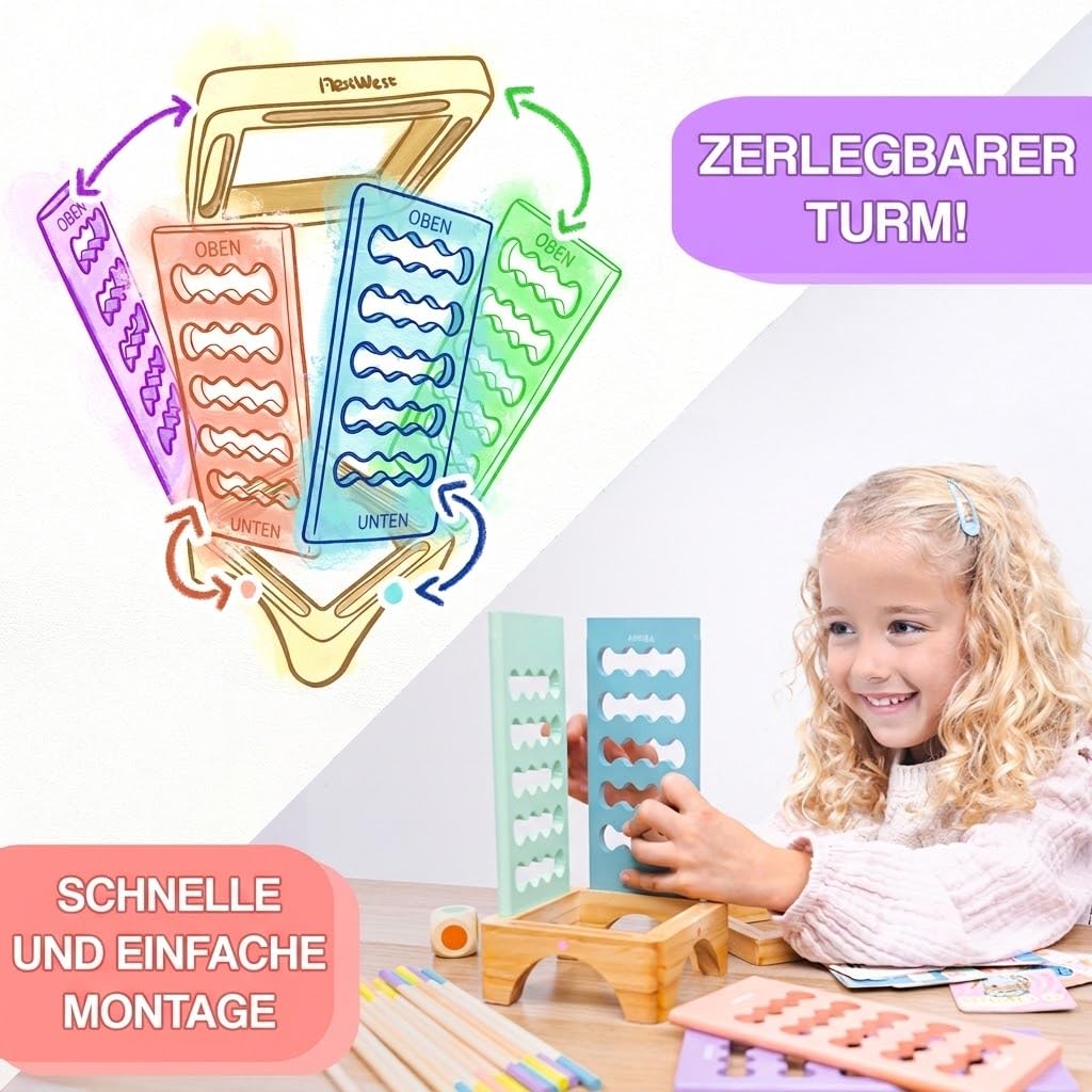 Kerball Up Jouets Montessori 3 4 5 ans en bois – Jeux de table éducatifs pour enfants Motricité fine | Tour amovible avec cartes et dés | Cadeau original pour fille