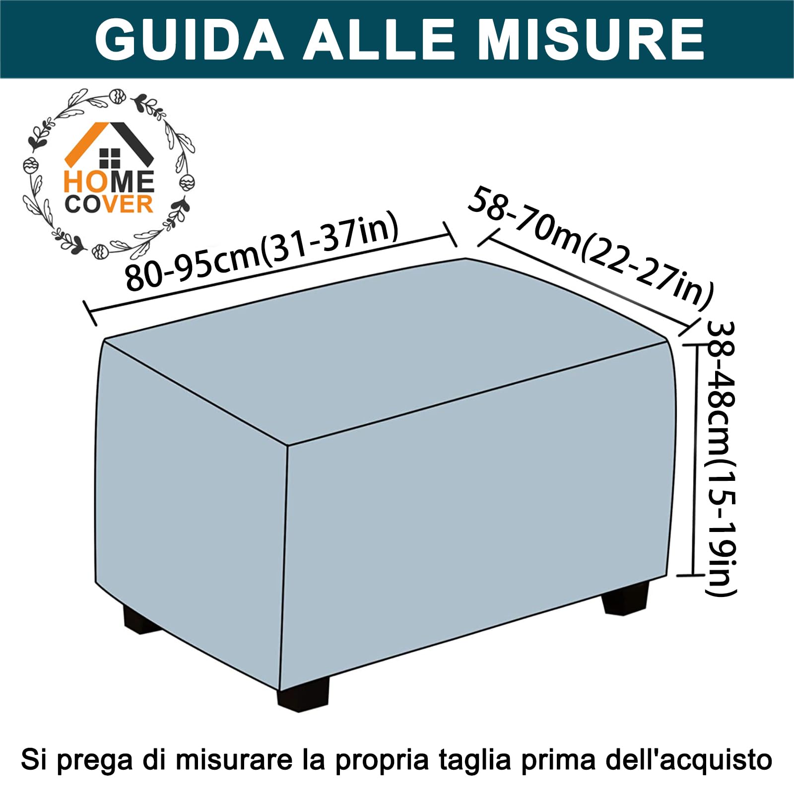 Copri Pouf Rettangolare, Elasticizzato Copri Poggiapiedi Velluto Copertura Dell'Ottomano Rimovibile Antiscivolo Copri Ottomano Con Fondo Elastico-blu grigio-Large
