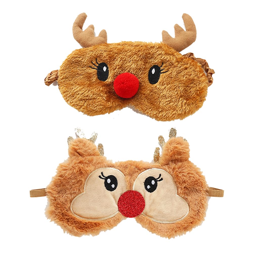 2PCS Christmas Plush Sleep Mask Cute Eye Mask Reindeer Santa Eye Cover Blindfold Eyeshade for Adult Kids (Reindeer)