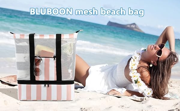 Bluboon Mesh Beach Tote Bag with Cooler Compartment Insulated Detachable Picnic Bag with Zipper and Pocket Pool Bag for Women (Pink) by Bluboon - Image 3
