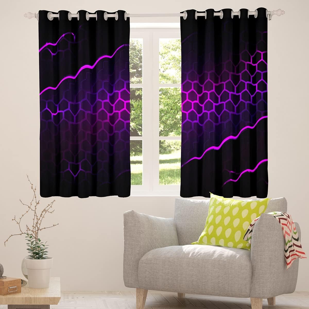 Honeycomb Darkening Drapes (2 Panels, 42 x 63 Inch) Hexagonal Geometric Curtains for Bedroom Living Room Kids Boys Girls Purple Ombre Decor 30%-50% Blackout Curtains Geometric Window Treatments